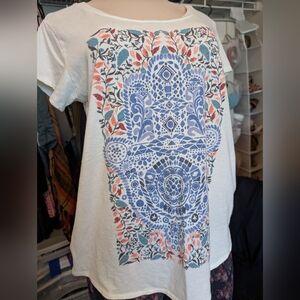 Lucky Brand Hand Floral Mandala Print White Tshirt Size Large